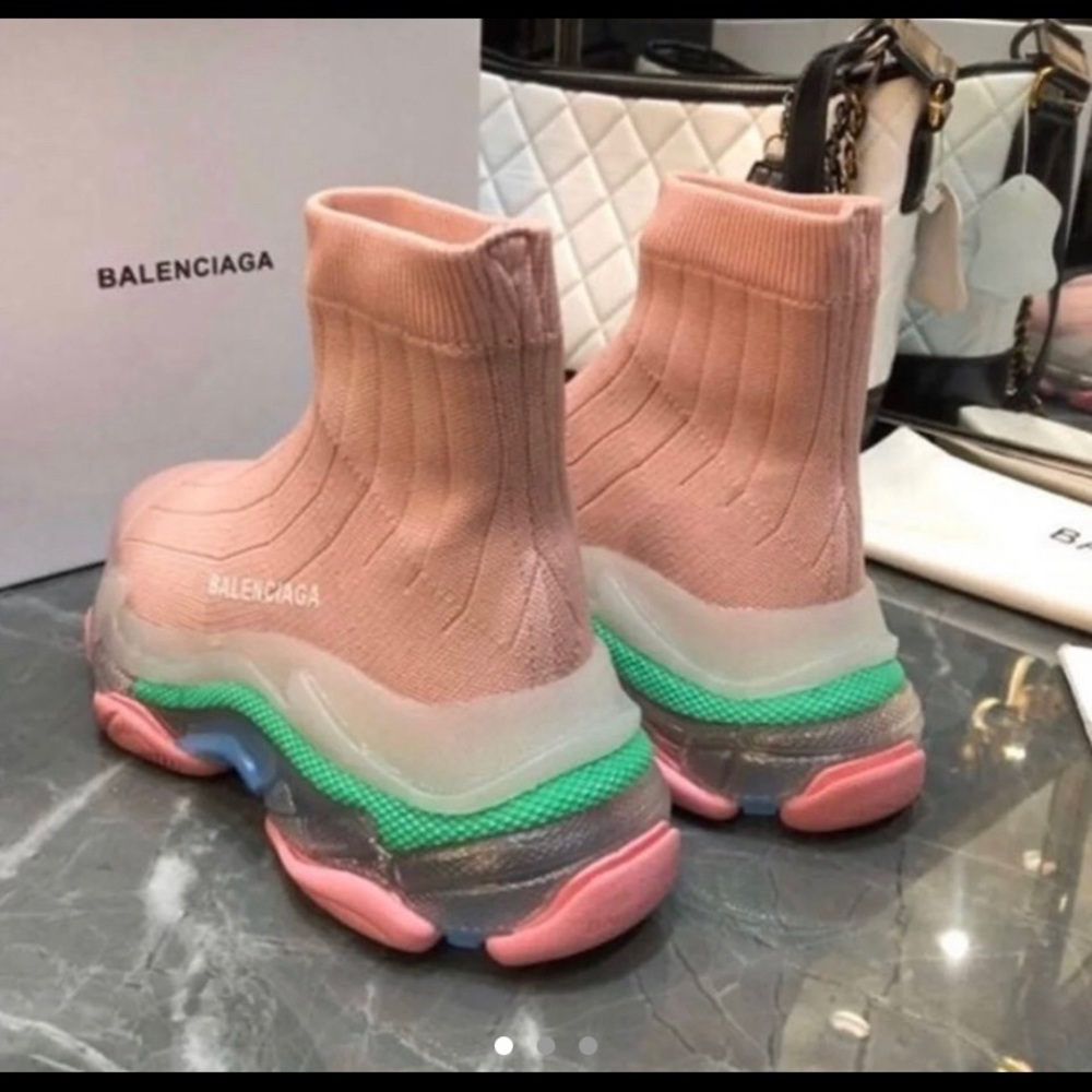 Pink green blue Balenciaga speed runner trainers